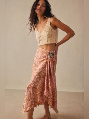 Anthropologie Maeve Minetta Wrap Midi Skirt Pink Tan Animal Print Boho 12